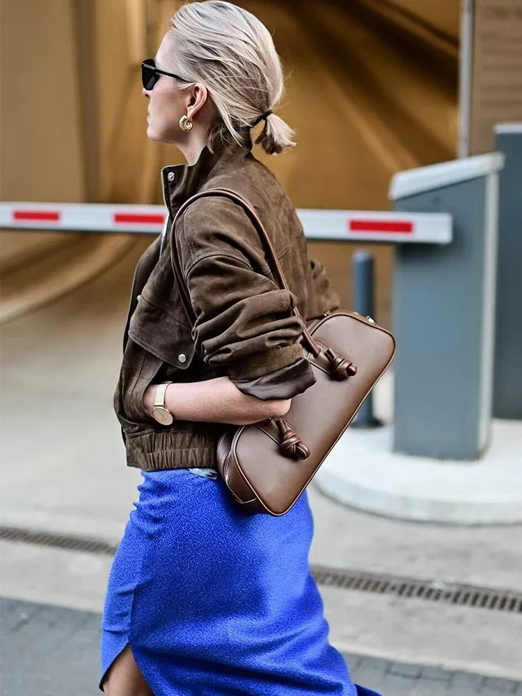 Suede-Effect Utility Bomber Jacket - Leah Partow