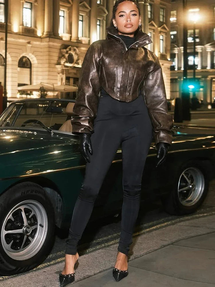 Fitted Leather-Look Crop Jacket in Black & Dark Brown - Leah Partow