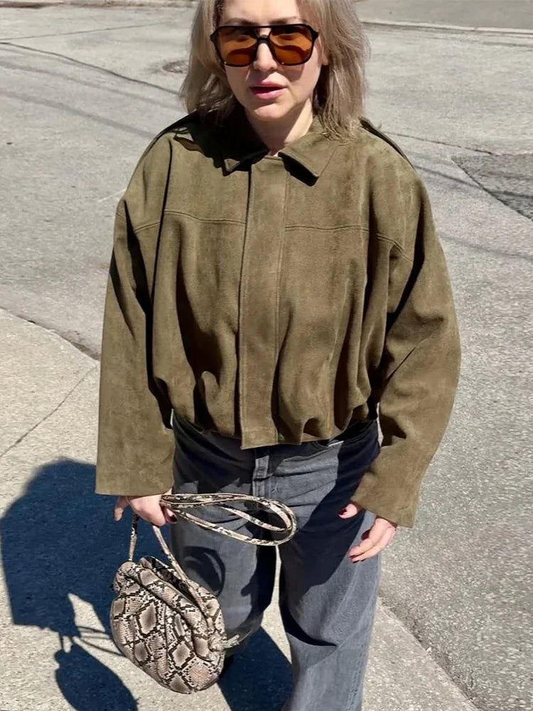 Suede-Like Cropped Bomber Jacket - Leah Partow