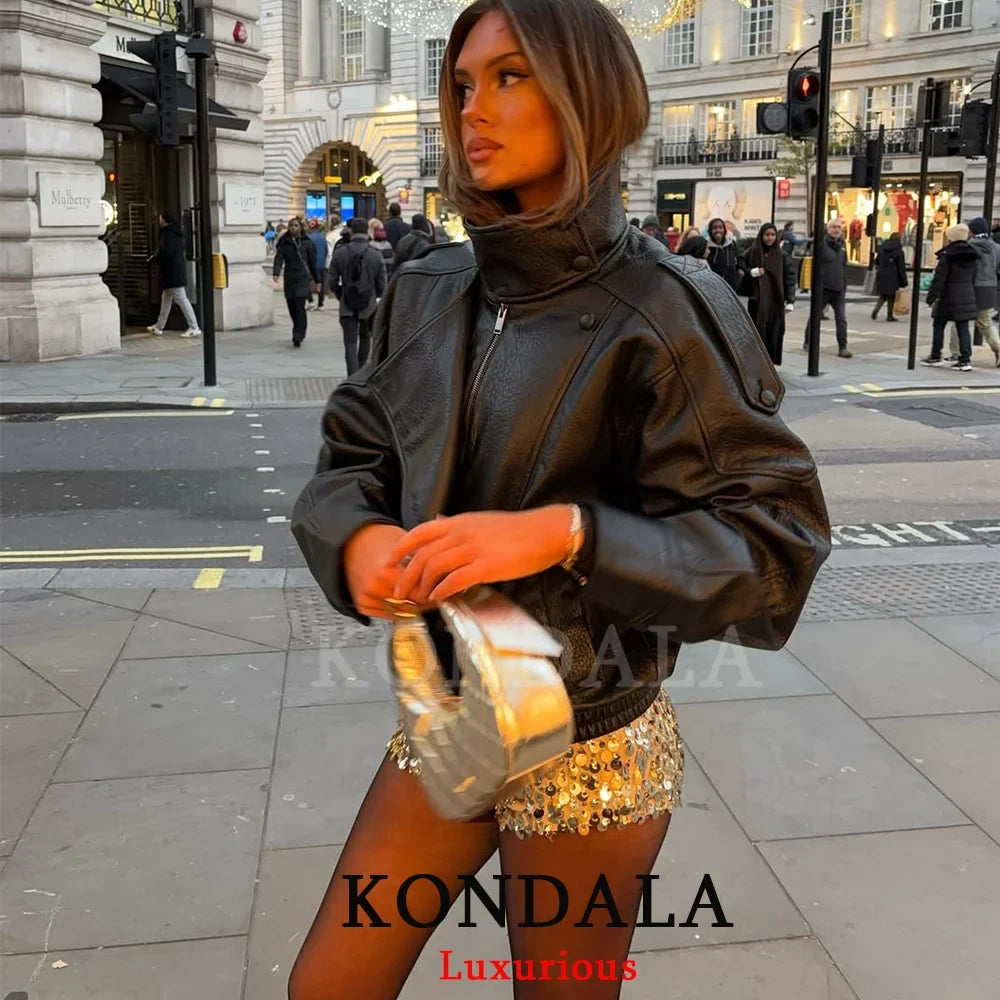 Cropped Leather-Look Bomber Jacket - Leah Partow