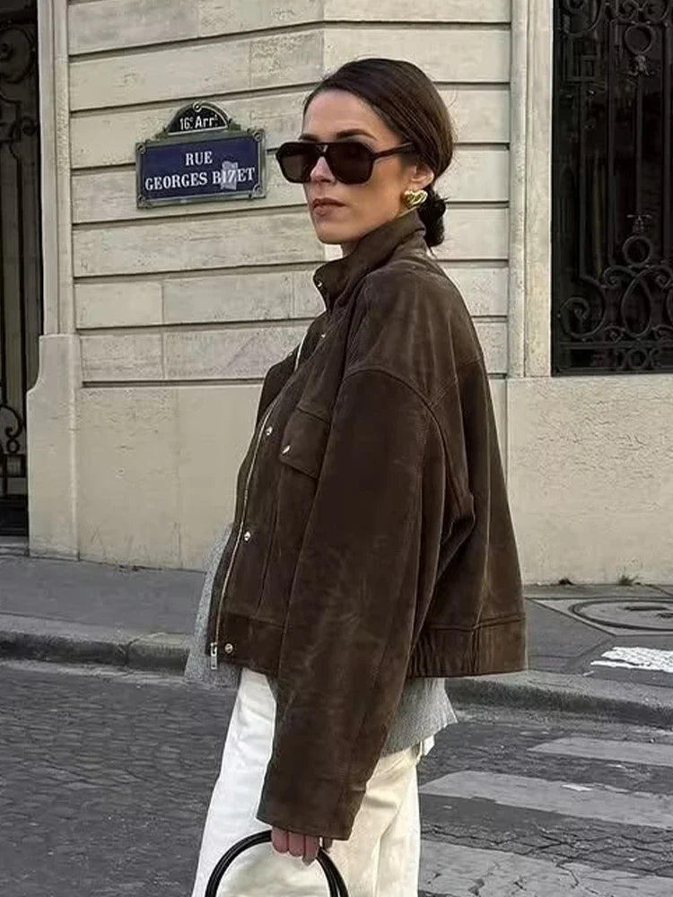 Suede-Effect Utility Bomber Jacket - Leah Partow
