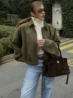 Suede-Like Cropped Bomber Jacket - Leah Partow