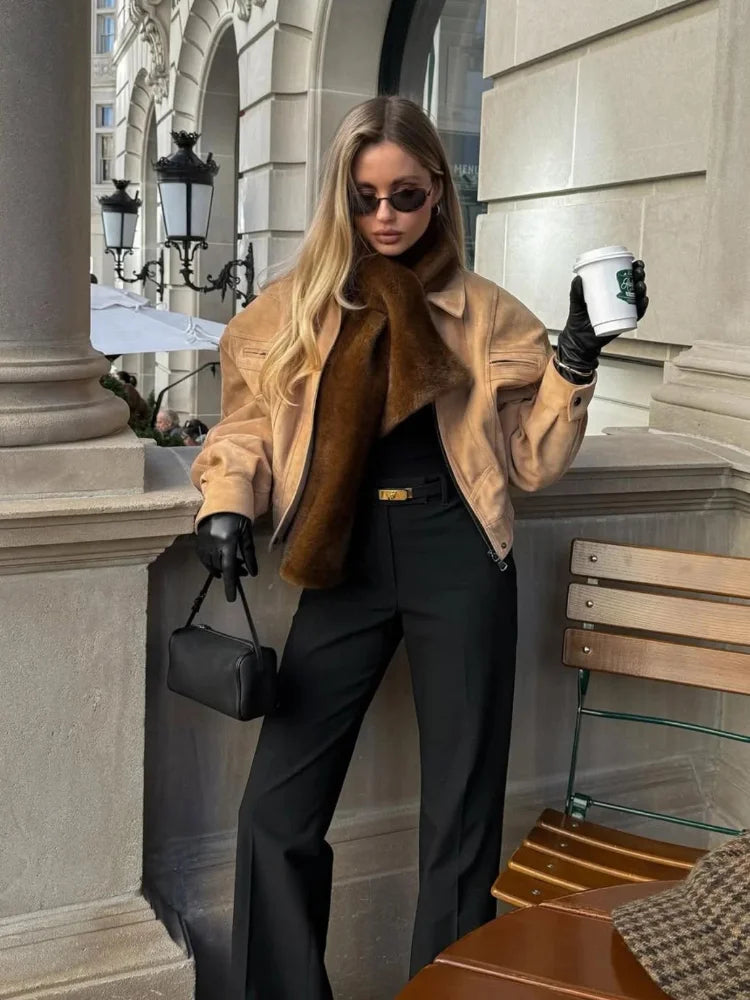 Retro Suede-Like Cropped Zip Jacket - Leah Partow
