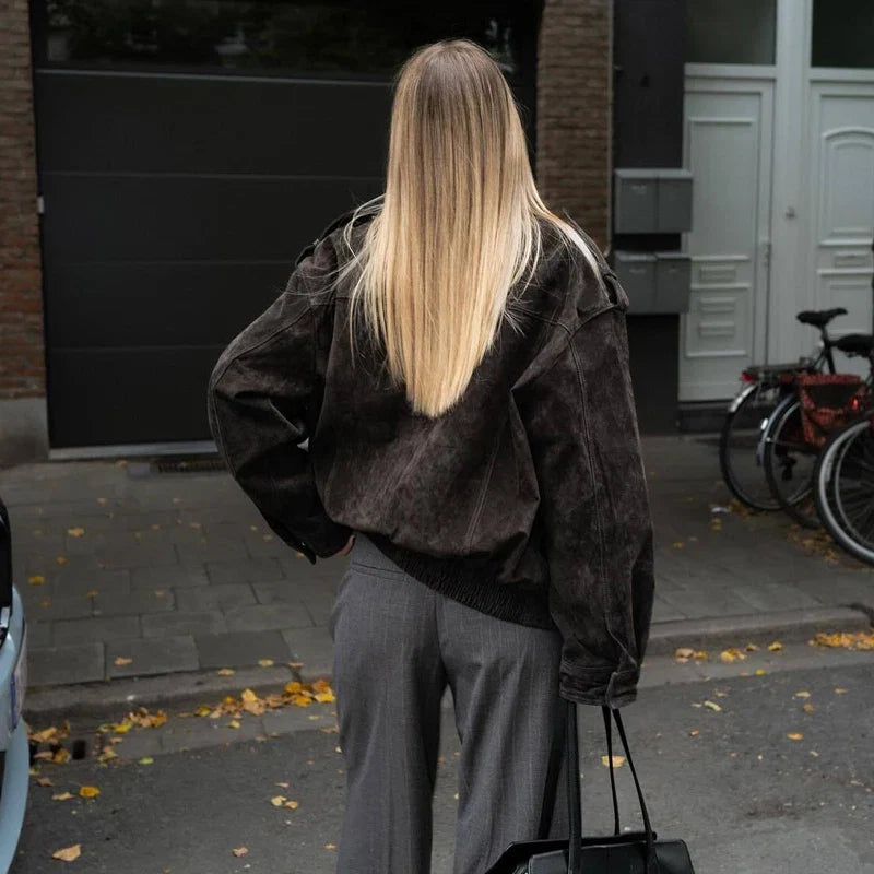 Suede-Like Utility Bomber Jacket - Leah Partow
