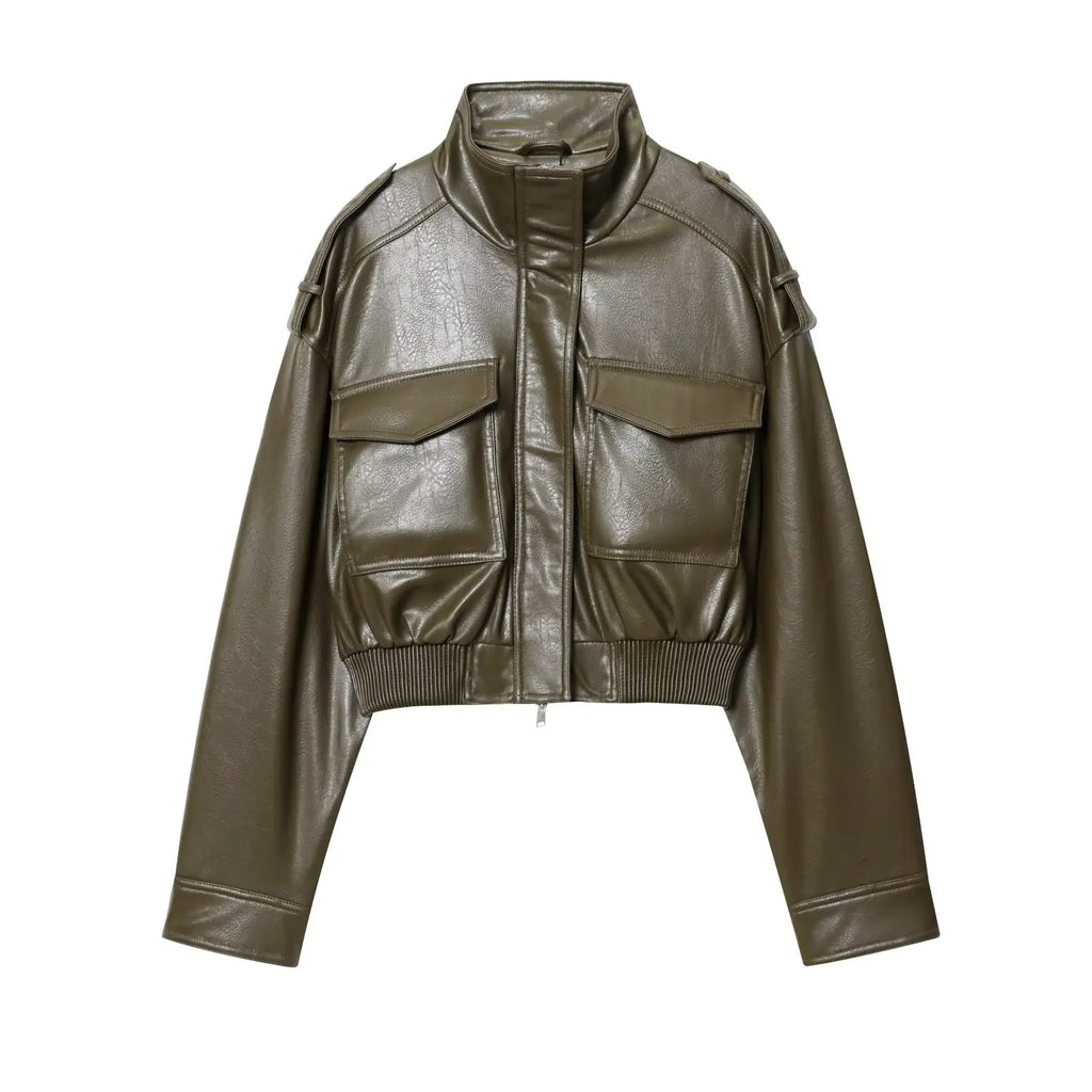 Cropped Faux Leather Bomber Jacket - Leah Partow