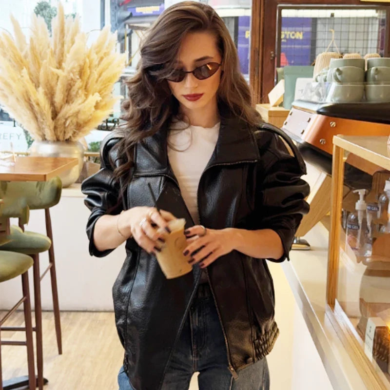 Cropped Leather-Look Bomber Jacket - Leah Partow