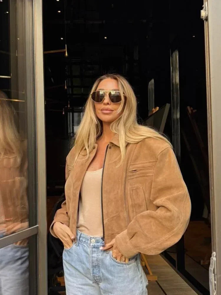 Suede-Look Cropped Utility Jacket - Leah Partow