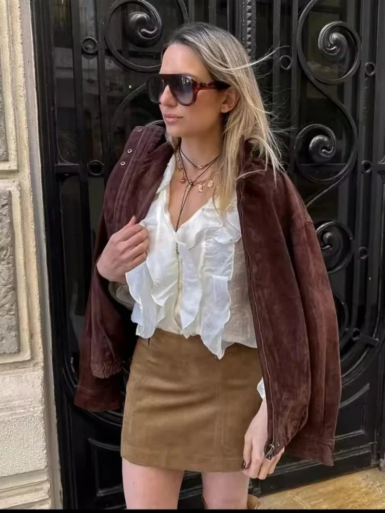 Deep Brown Suede-Like Bomber Jacket - Leah Partow