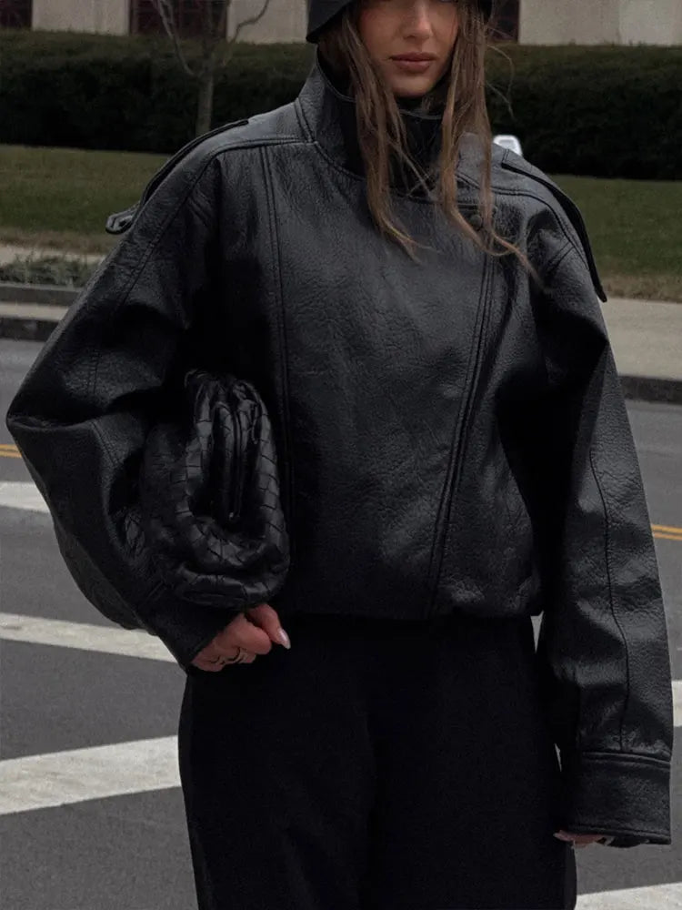 Cropped Faux Leather Moto Bomber Jacket - Leah Partow
