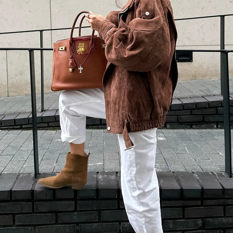 Brown Cropped Moto Jacket - Leah Partow
