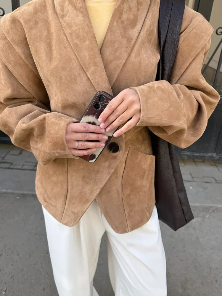 Suede-Look Tailored Blazer Jacket - Leah Partow