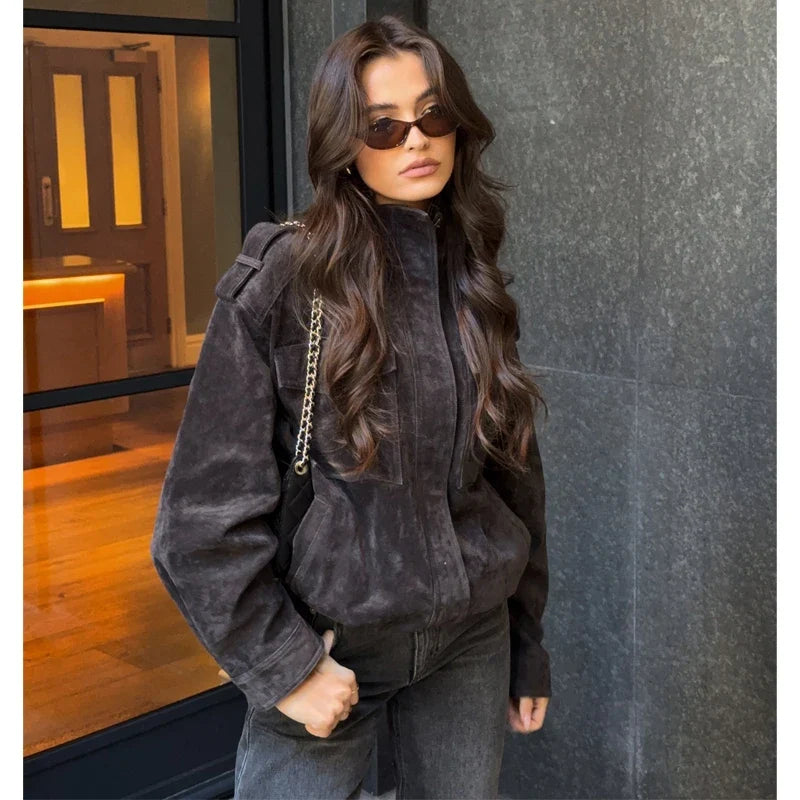 Suede-Like Utility Bomber Jacket - Leah Partow