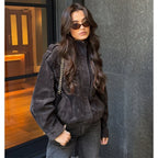 Suede-Like Utility Bomber Jacket - Leah Partow