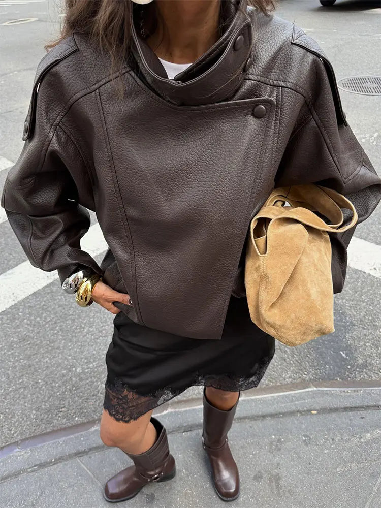 Cropped Faux Leather Moto Bomber Jacket - Leah Partow