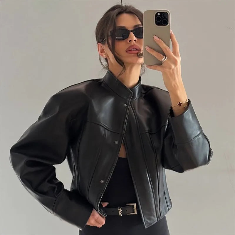 Cropped Leather-Look Bomber Jacket - Leah Partow