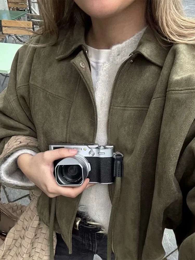 Suede-Like Cropped Bomber Jacket - Leah Partow