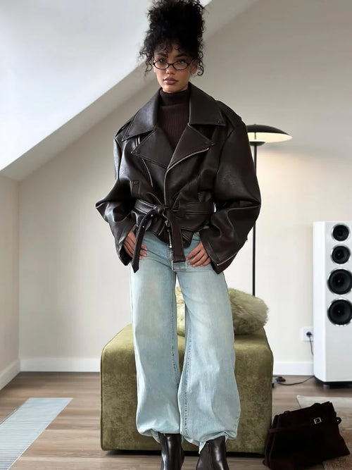 Belted Faux Leather Moto Jacket - Leah Partow