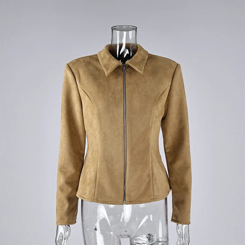 Camel Suede-Like Peplum Zip Jacket - Leah Partow