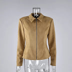 Camel Suede-Like Peplum Zip Jacket - Leah Partow