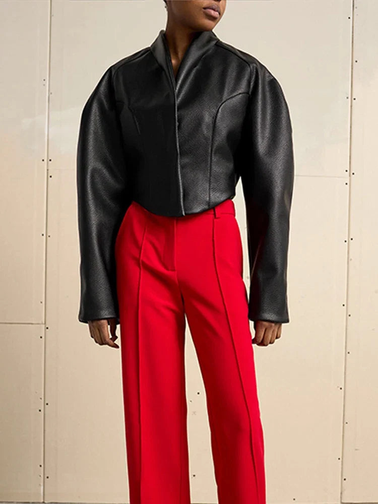 Cropped Faux Leather Stand Collar Jacket - Leah Partow