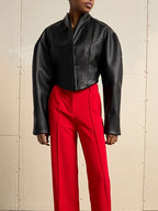 Cropped Faux Leather Stand Collar Jacket - Leah Partow