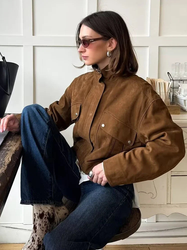 Suede-Effect Utility Bomber Jacket - Leah Partow