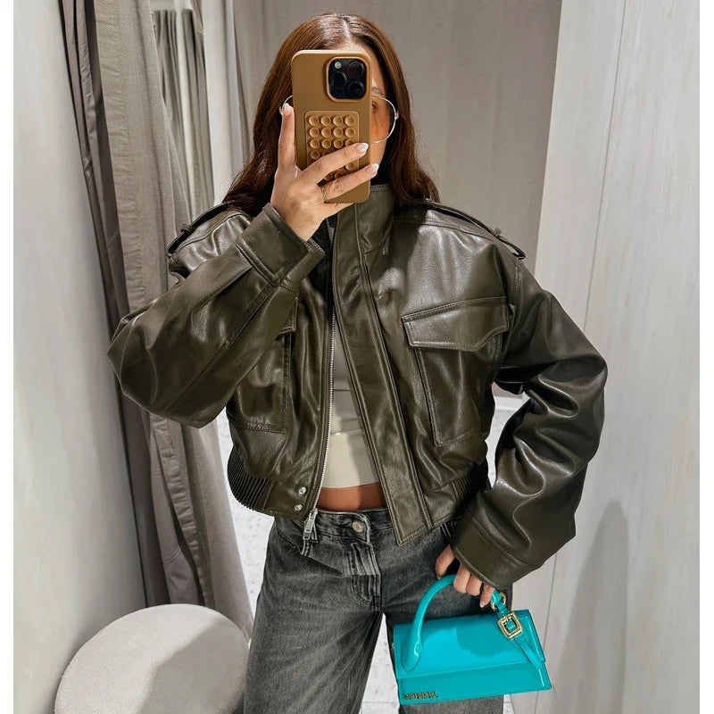 Cropped Faux Leather Bomber Jacket - Leah Partow