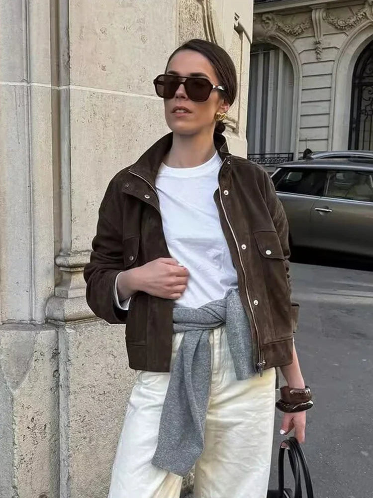 Suede-Effect Utility Bomber Jacket - Leah Partow