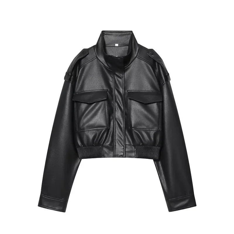 Cropped Faux Leather Bomber Jacket - Leah Partow