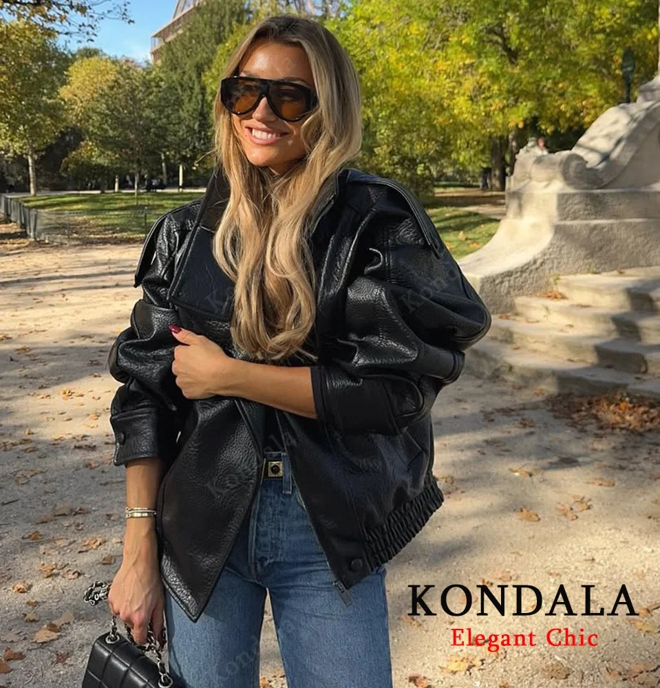 Faux PU Leather Cropped Bomber Jacket - Leah Partow