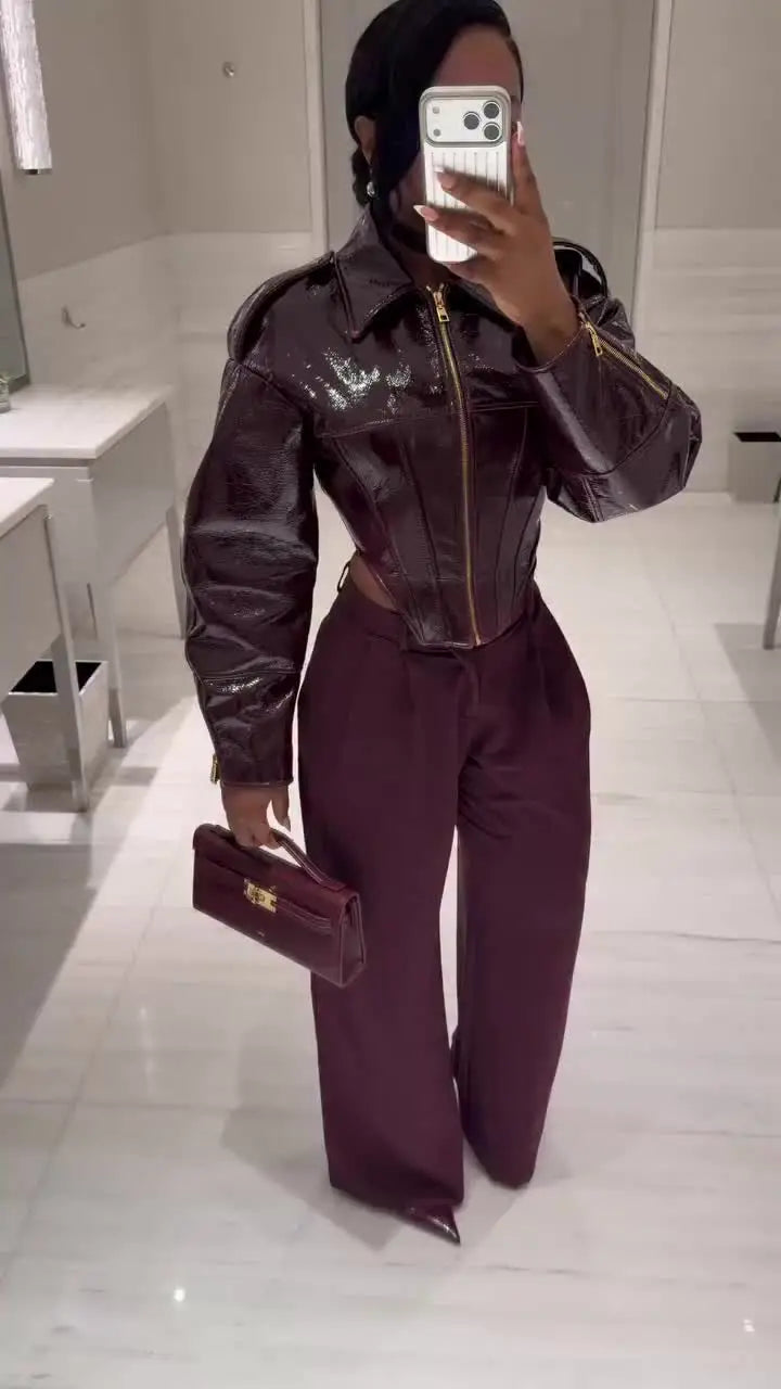 Glossy Cinched-Waist Faux Leather Jacket - Leah Partow