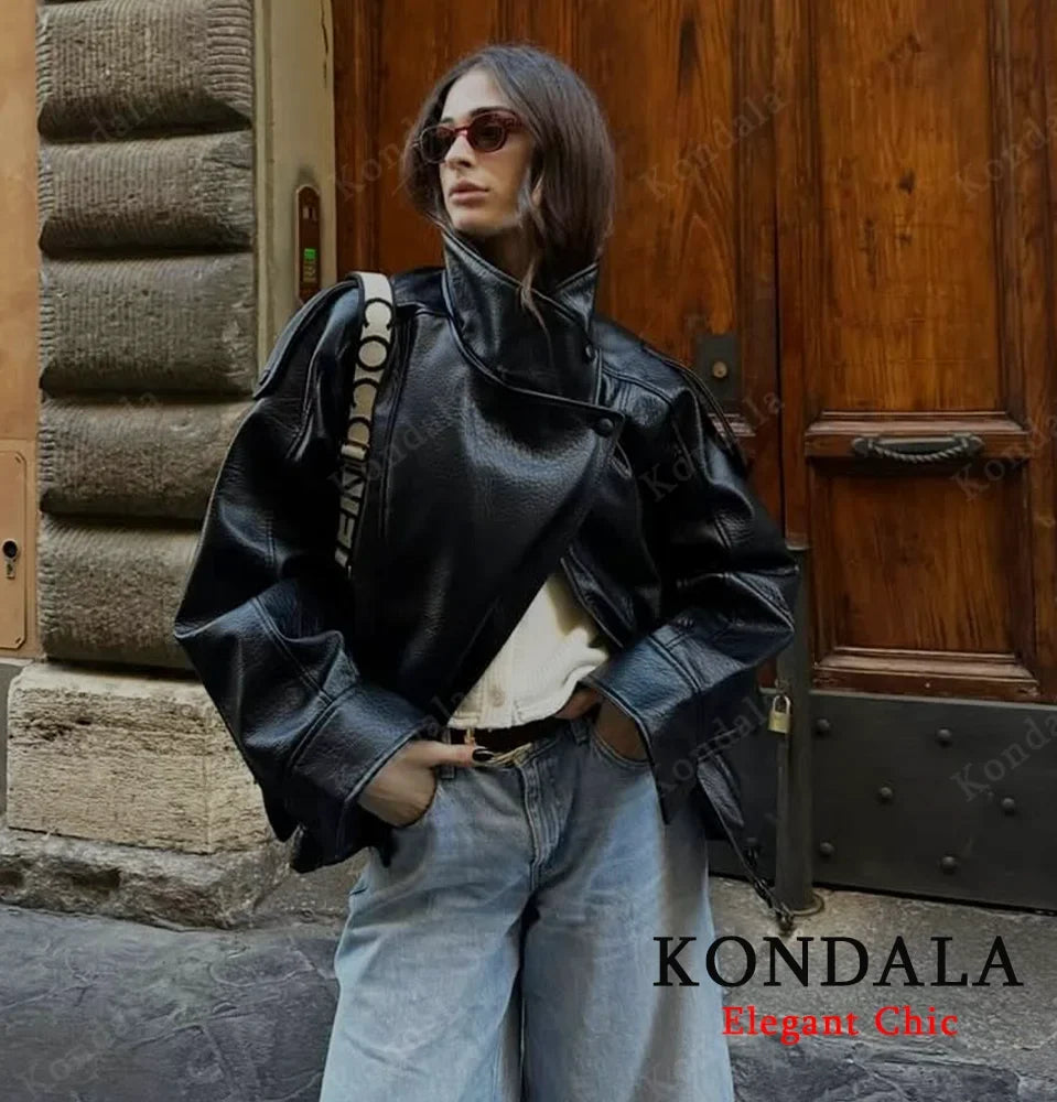 Faux PU Leather Cropped Bomber Jacket - Leah Partow