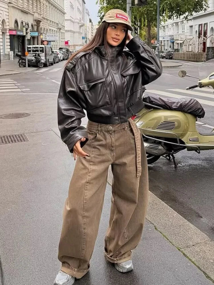 Cropped Faux Leather Bomber Jacket - Leah Partow