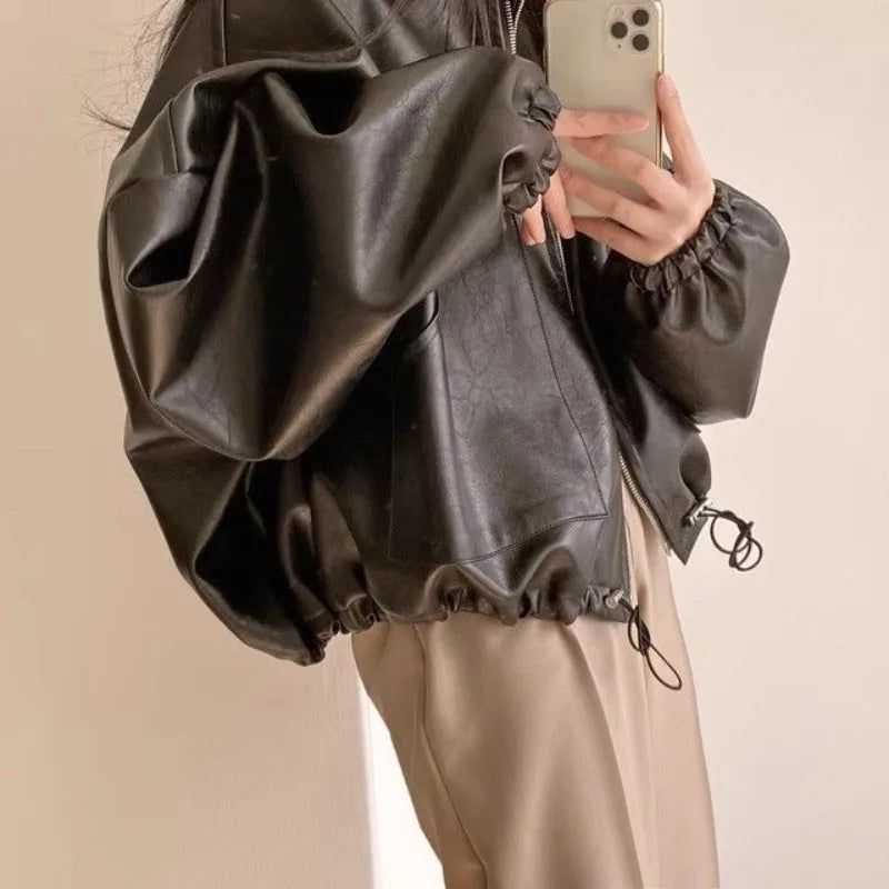 Oversized Faux Leather Bomber Jacket - Leah Partow