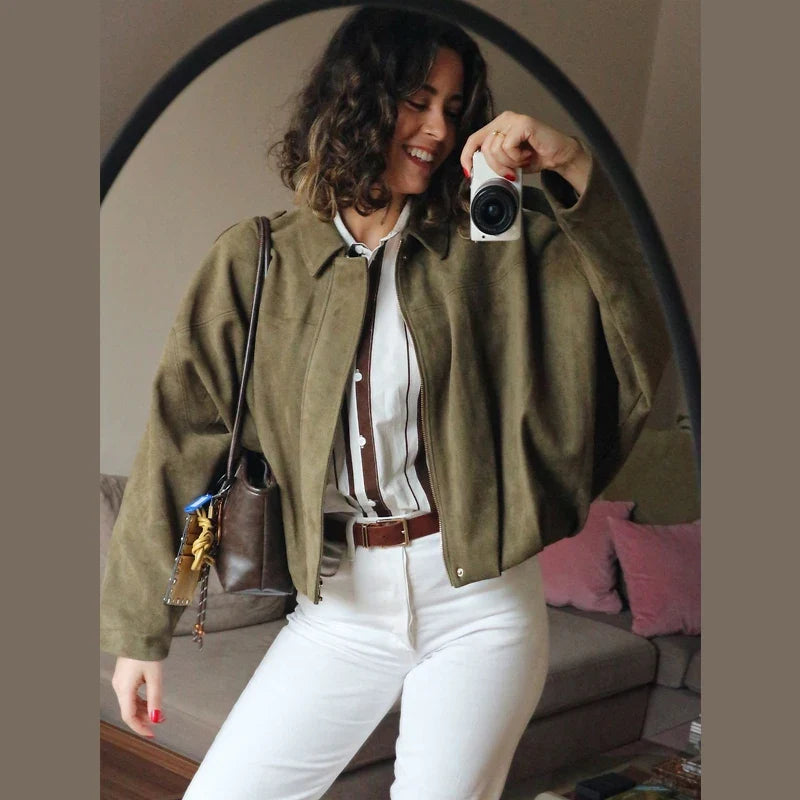Cropped Suede-Like Bomber Jacket - Leah Partow