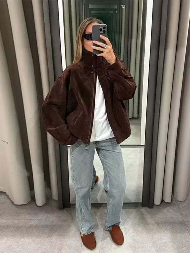 Deep Brown Suede-Like Bomber Jacket - Leah Partow