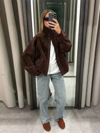 Deep Brown Suede-Like Bomber Jacket - Leah Partow