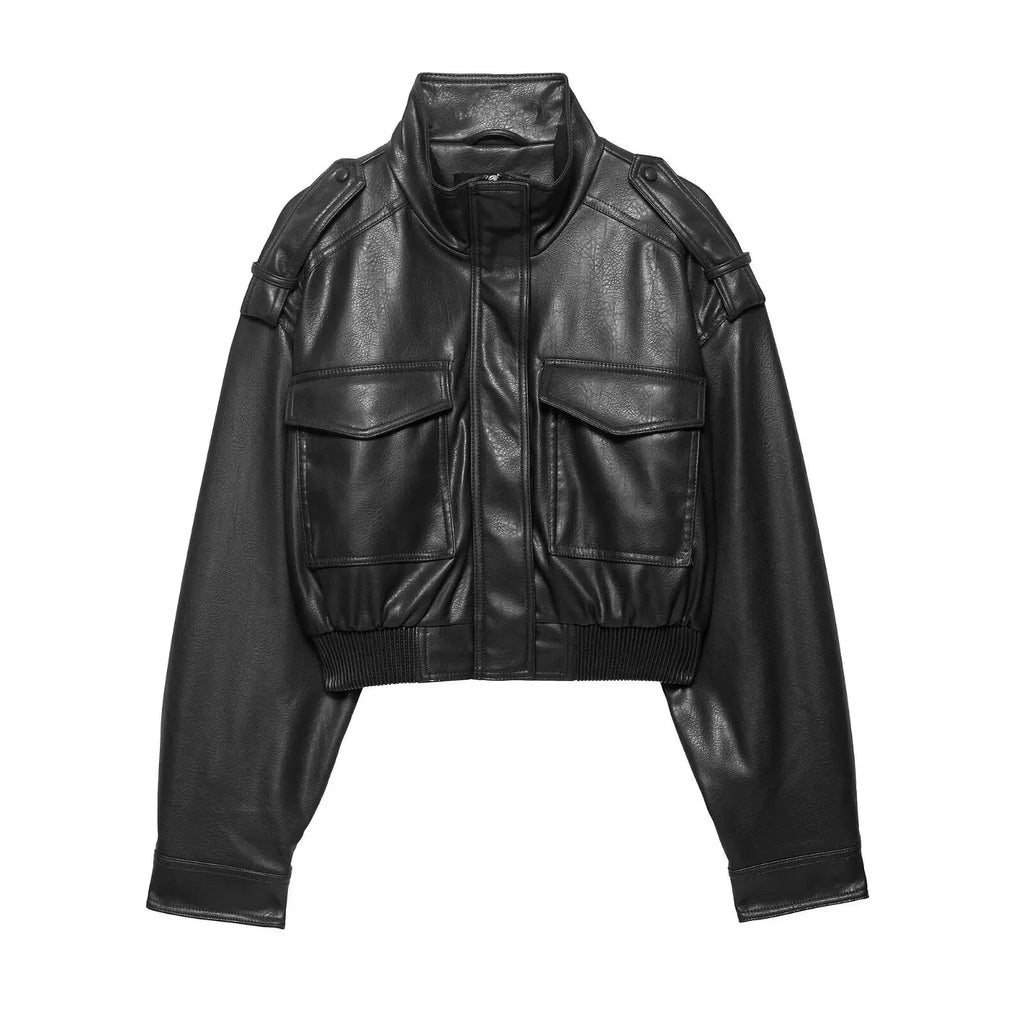 Cropped Faux Leather Bomber Jacket - Leah Partow