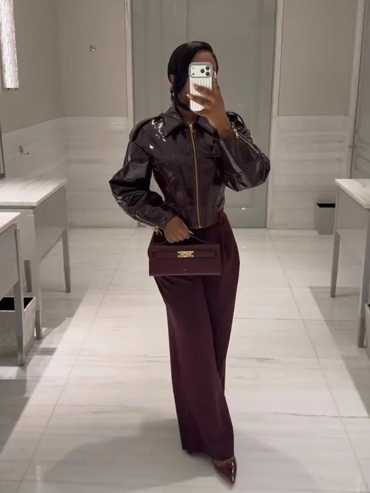 Glossy Cinched-Waist Faux Leather Jacket - Leah Partow
