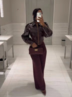 Glossy Cinched-Waist Faux Leather Jacket - Leah Partow
