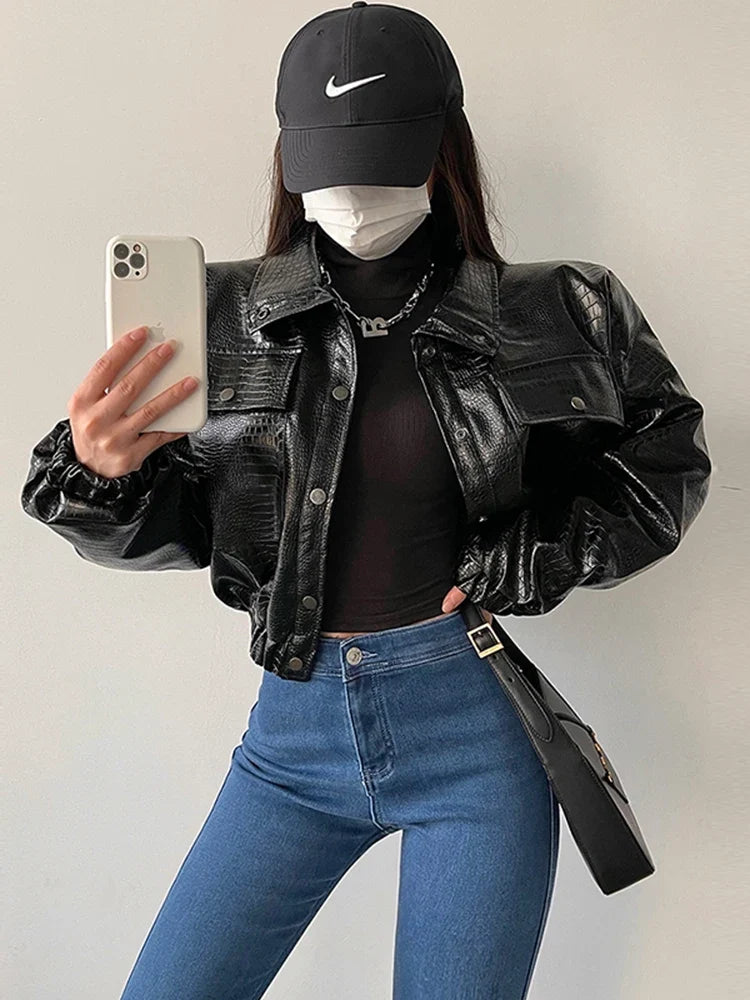 Cropped Crocodile Faux Leather Jacket - Leah Partow