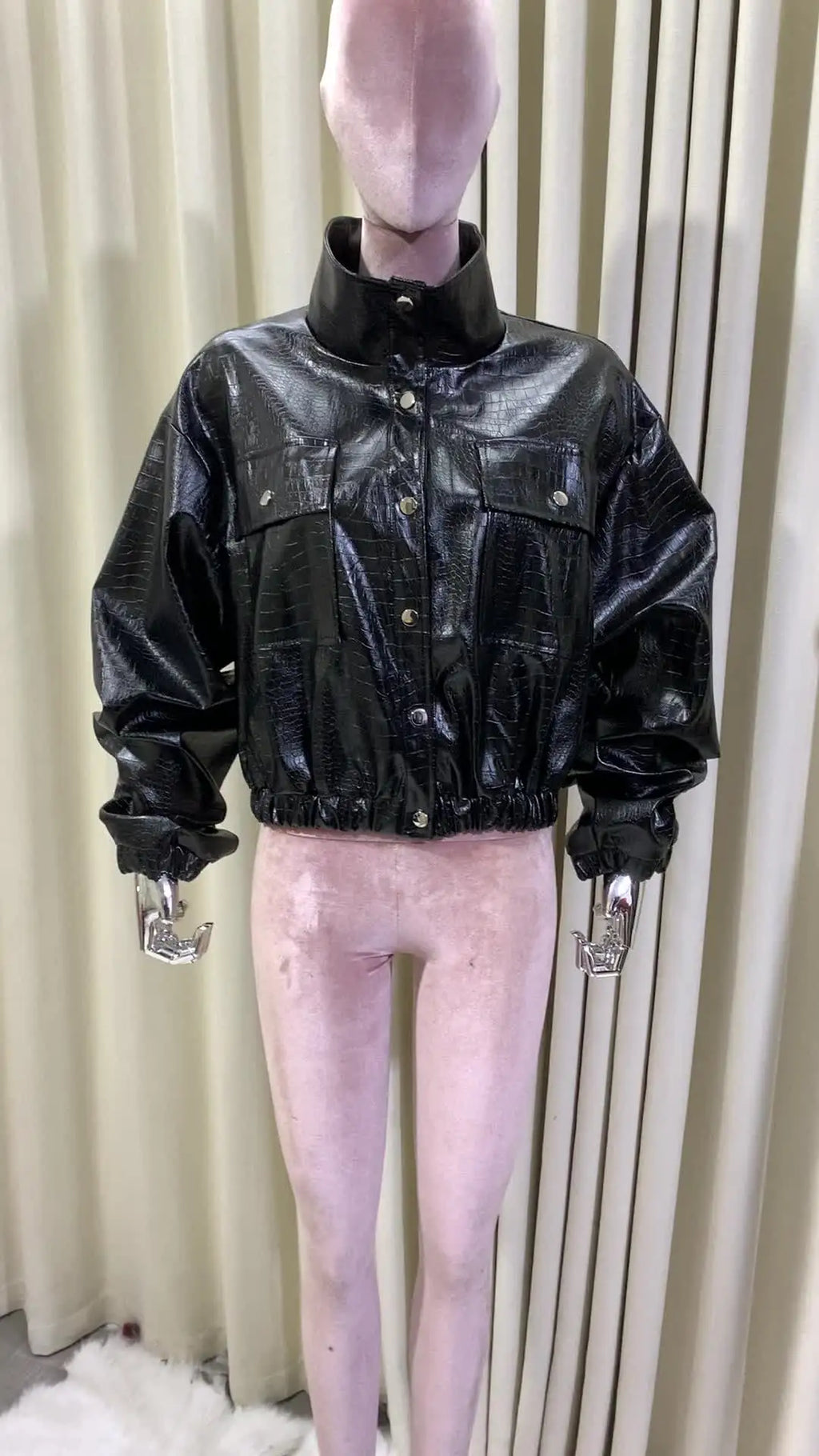 Cropped Crocodile Faux Leather Jacket - Leah Partow