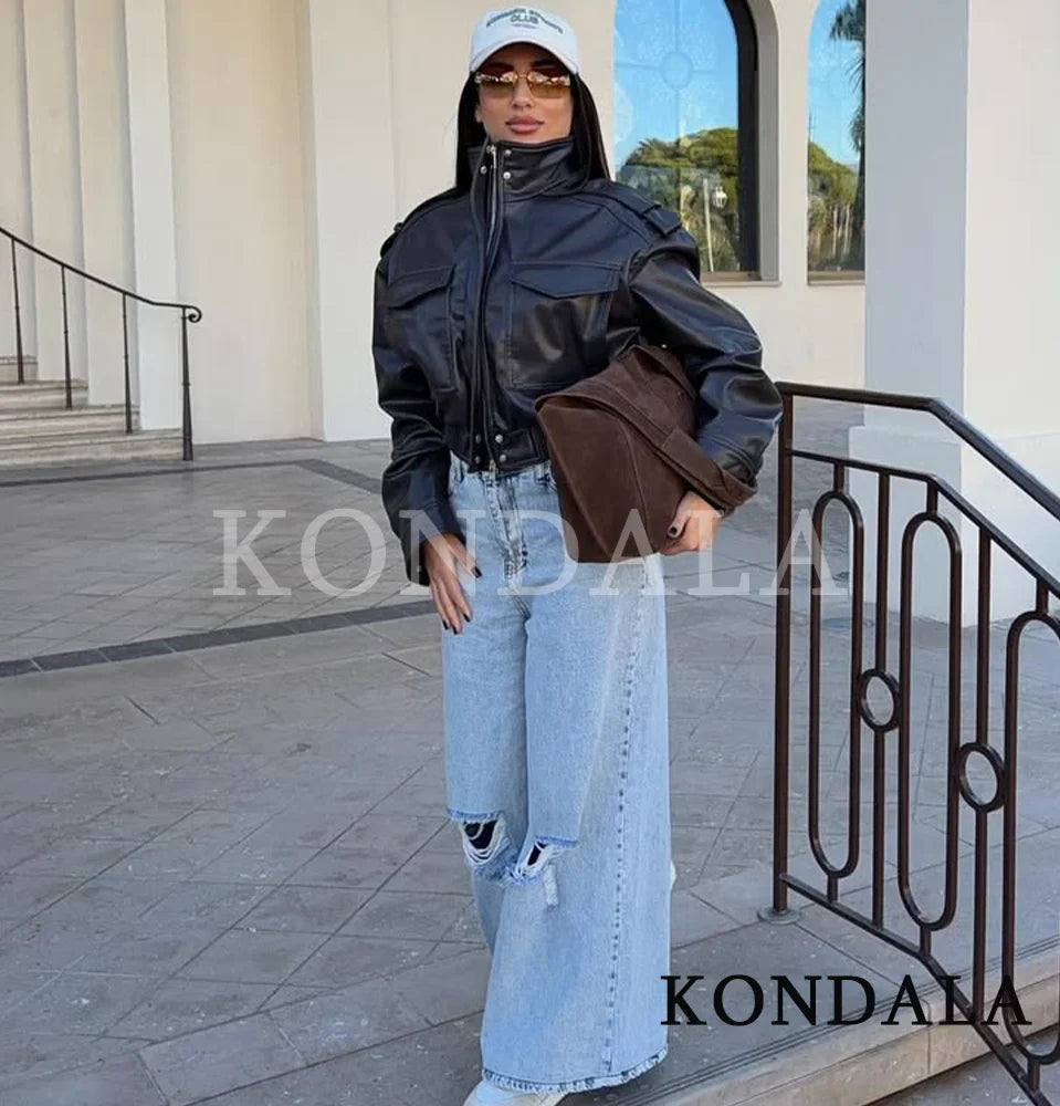Faux Leather Utility Bomber Jacket - Leah Partow
