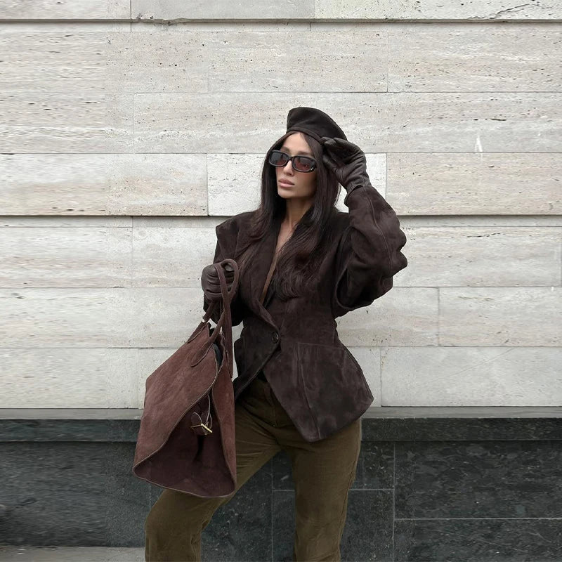 Suede-Look Tailored Blazer Jacket - Leah Partow