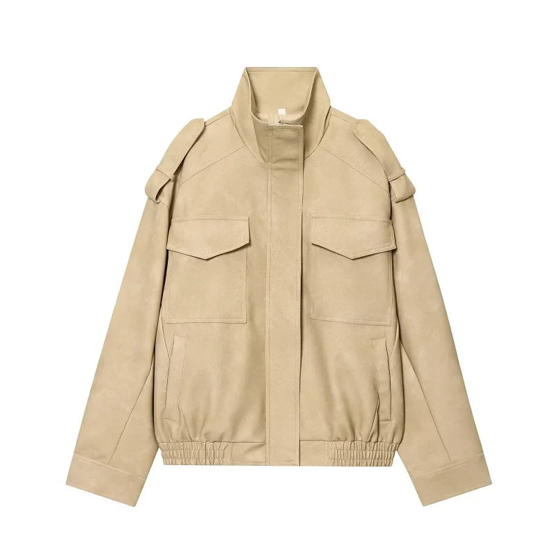 Suede-Like Utility Bomber Jacket - Leah Partow