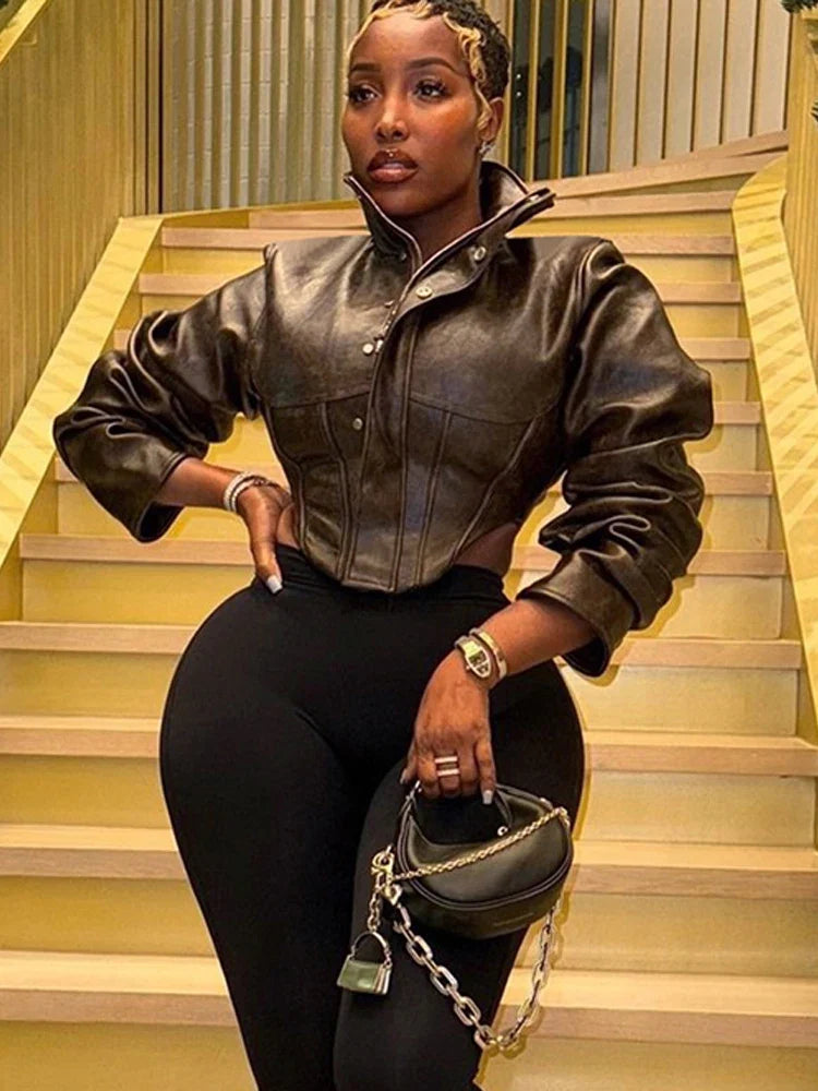 Fitted Leather-Look Crop Jacket in Black & Dark Brown - Leah Partow
