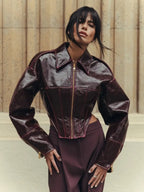 Glossy Cinched-Waist Faux Leather Jacket - Leah Partow