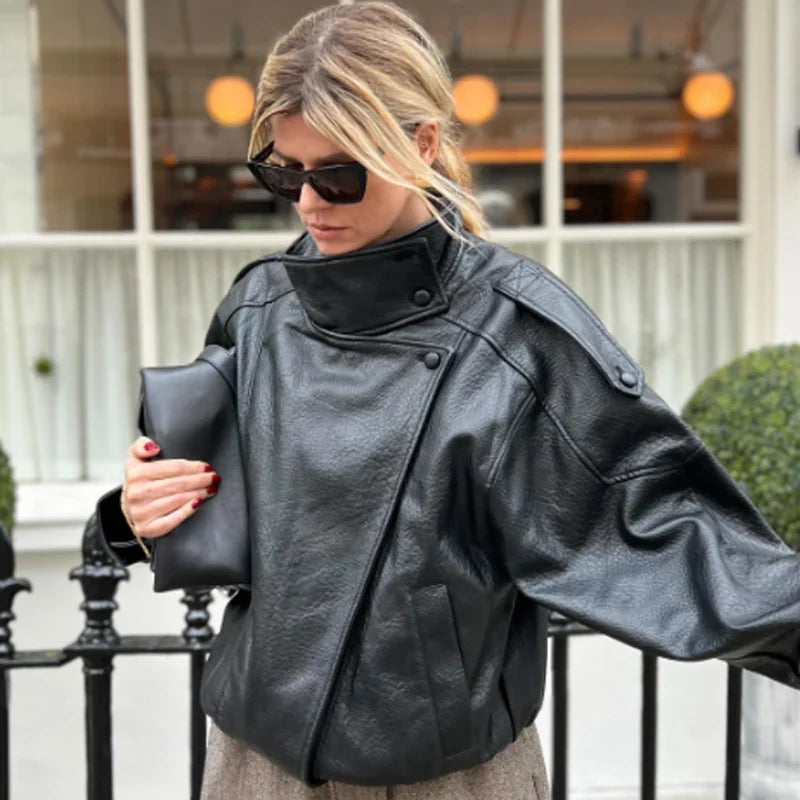Cropped Leather-Look Bomber Jacket - Leah Partow