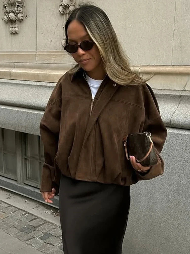 Suede-Like Cropped Bomber Jacket - Leah Partow