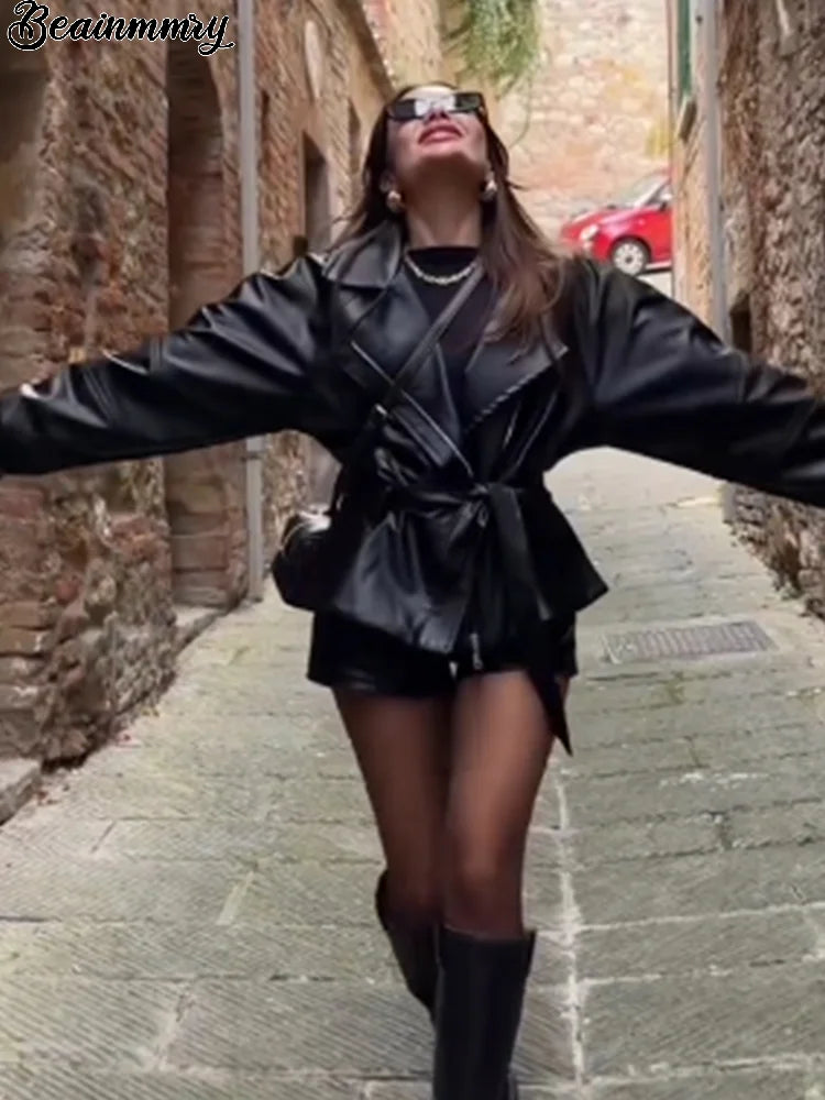 Belted Faux Leather Peplum Jacket - Leah Partow